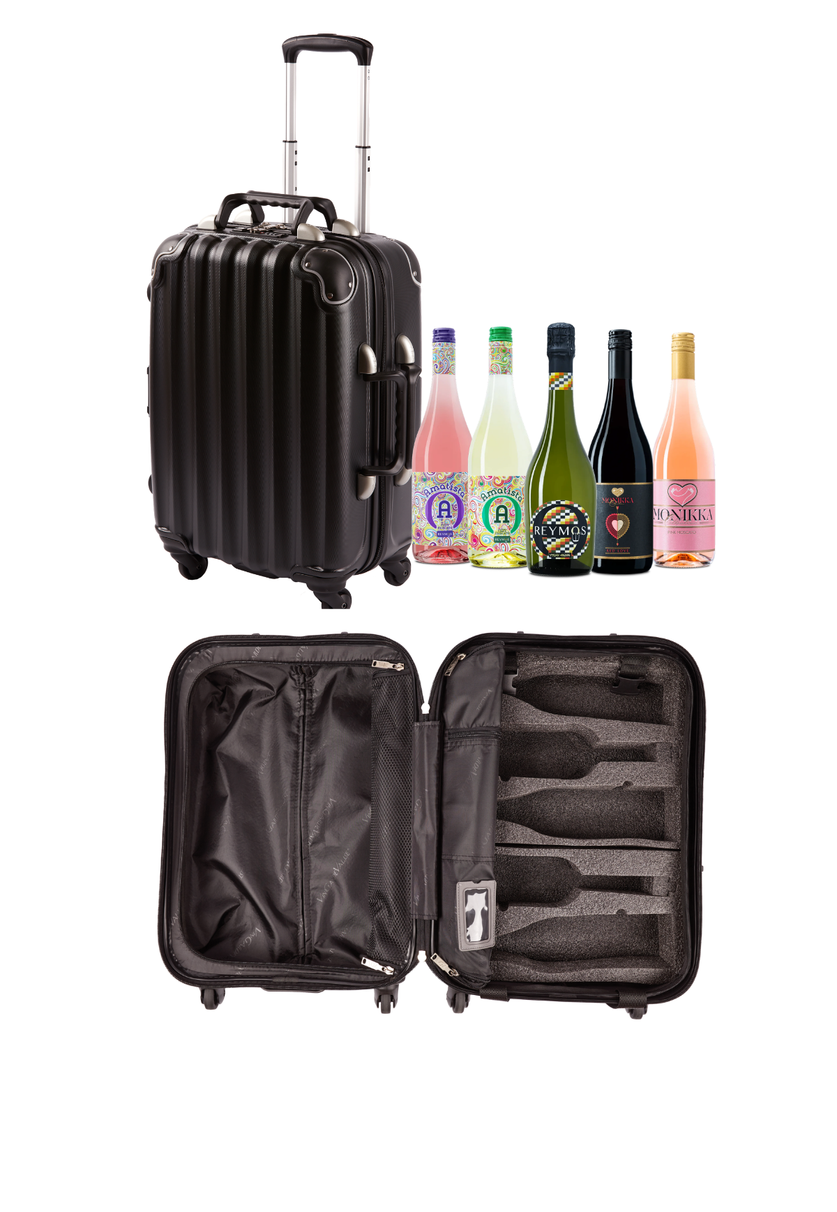 Five Bottles of Spanish Moscato with VinGardeValise Piccolo Black Carry-On